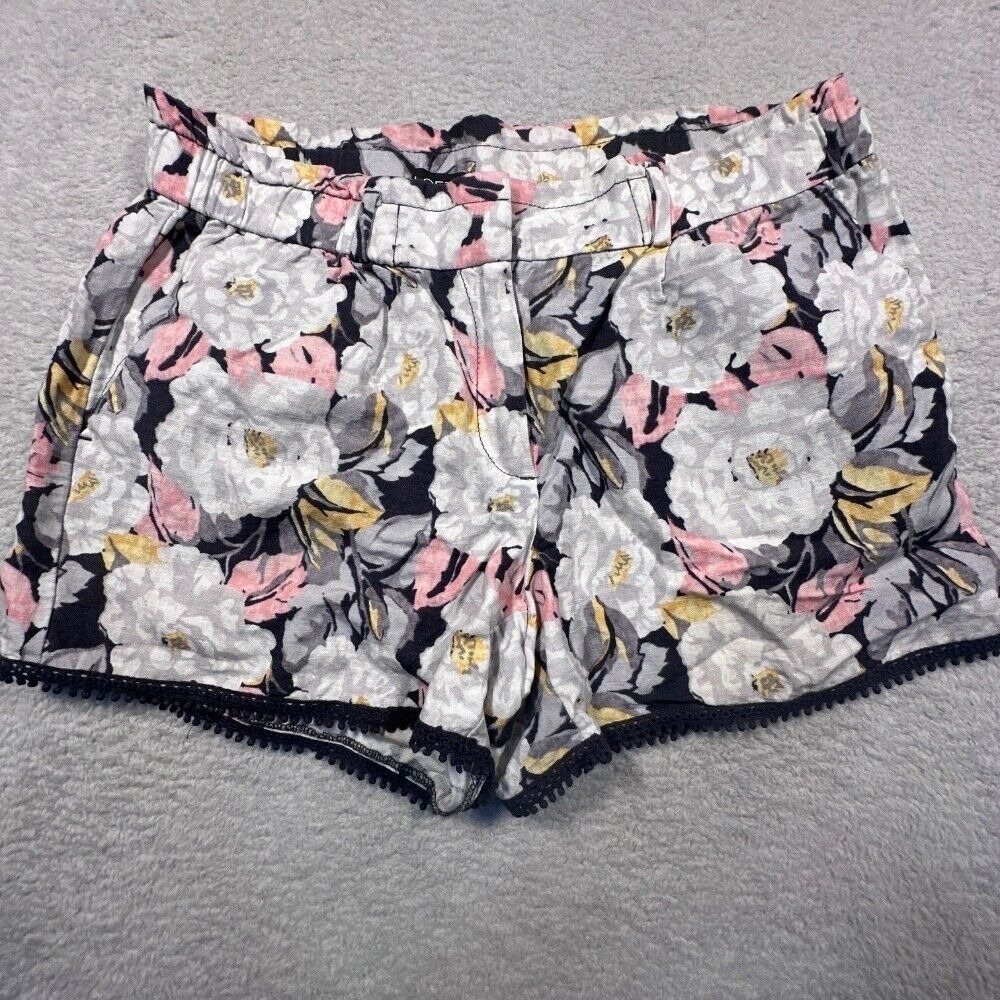 LOFT Linen Blend Floral Print Shorts Women's Small‎ Pom Trim Elastic Waist